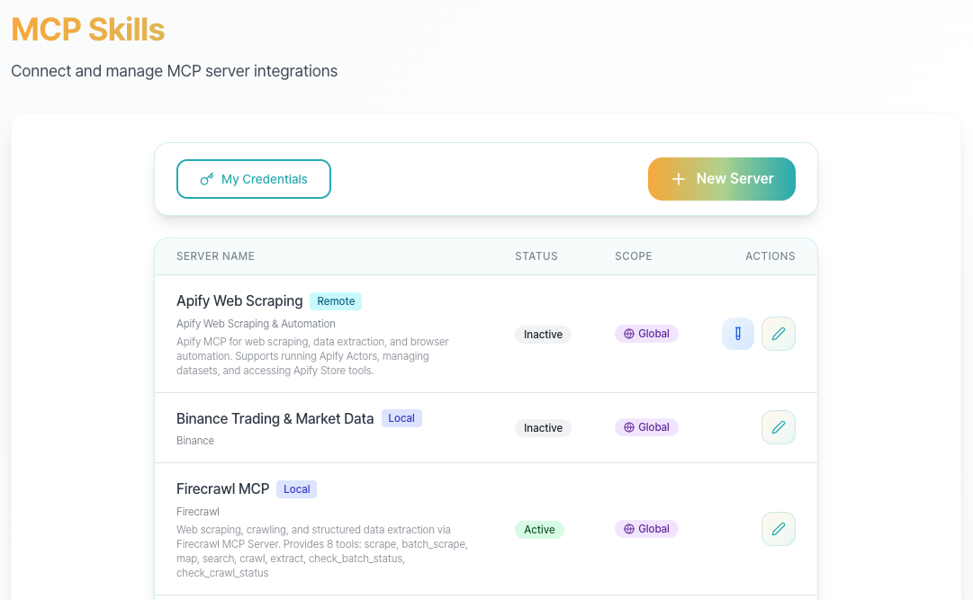 MCP & Tool Configuration - Skills management interface
